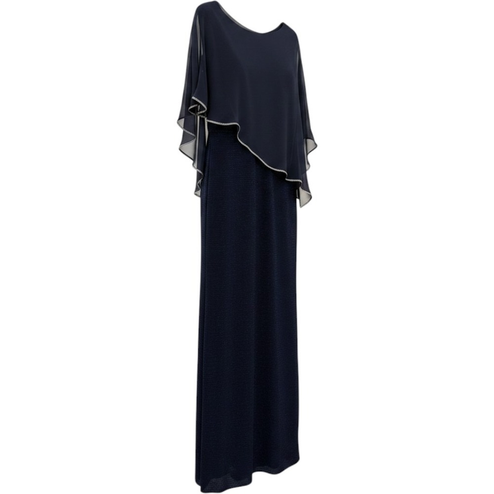 R&M Richards Navy Blue Metallic Knit Maxi Dress Rhinestone Capelet 7076 Size 16